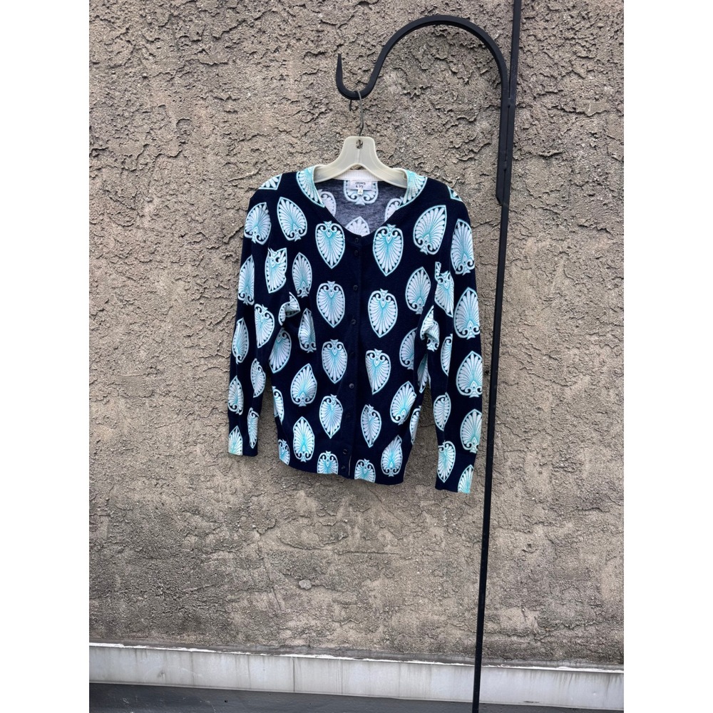 Crown & Ivy Cardigan Women M Navy Blue Turquoise Shell Print Button Front Knit